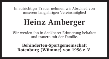 Traueranzeige von Heinz Amberger von KREISZEITUNG SYKE