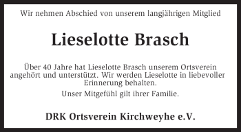 Traueranzeige von Lieselotte Brasch von KREISZEITUNG SYKE