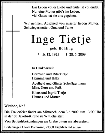 Traueranzeige von Inge Tietje von KREISZEITUNG SYKE