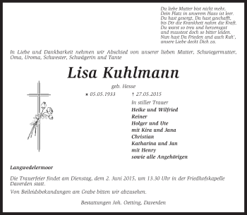 Traueranzeige von Lisa Kuhlmann von KRZ