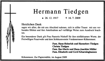 Traueranzeige von Hermann Tiedgen von KREISZEITUNG SYKE