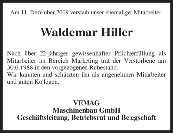 Traueranzeige von Waldemar Hiller von KREISZEITUNG SYKE