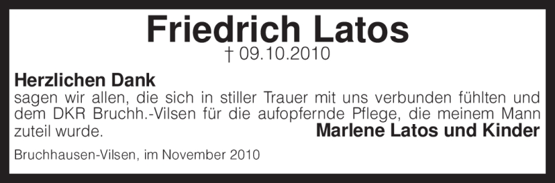  Traueranzeige für Friedrich Latos vom 10.11.2010 aus KREISZEITUNG SYKE