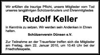 Traueranzeige von Rudolf Keller von KREISZEITUNG SYKE