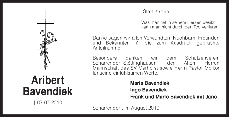  Traueranzeige für Aribert Bavendiek vom 14.08.2010 aus KREISZEITUNG SYKE