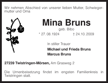 Traueranzeige von Mina Bruns von KREISZEITUNG SYKE