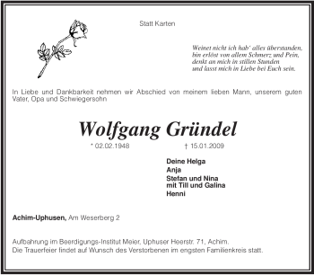 Traueranzeige von Wolfgang Gründel von KREISZEITUNG SYKE