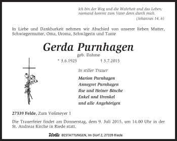 Traueranzeige von Gerda Purnhagen von KRZ