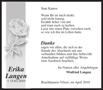 Traueranzeige von Erika Langen von KREISZEITUNG SYKE