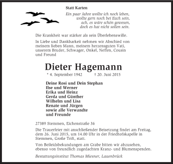 Traueranzeige von Dieter Hagemann von KRZ