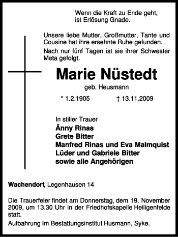 Traueranzeige von Marie Nüstedt von KREISZEITUNG SYKE