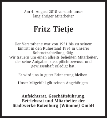 Traueranzeige von Fritz Tietje von KREISZEITUNG SYKE