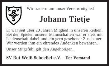 Traueranzeige von Johann Tietje von KREISZEITUNG SYKE