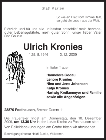 Traueranzeige von Ulrich Kronies von KREISZEITUNG SYKE