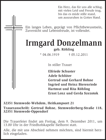 Traueranzeige von Irmgard Donzelmann von KREISZEITUNG SYKE