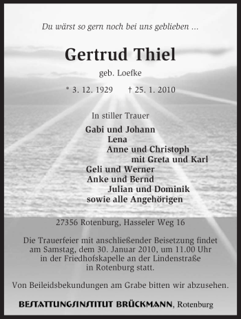 Traueranzeige von Gertrud Thiel von KREISZEITUNG SYKE