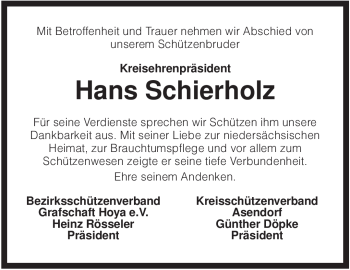 Traueranzeige von Hans Schierholz von KREISZEITUNG SYKE