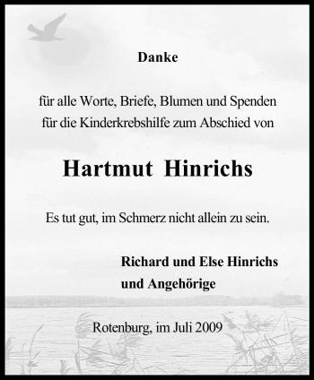 Traueranzeige von Hartmut Hinrichs von KREISZEITUNG SYKE
