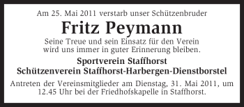 Traueranzeige von Fritz Peymann von KREISZEITUNG SYKE