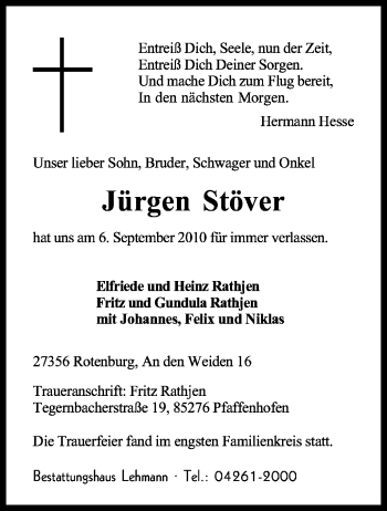 Traueranzeige von Jürgen Stöver von KREISZEITUNG SYKE