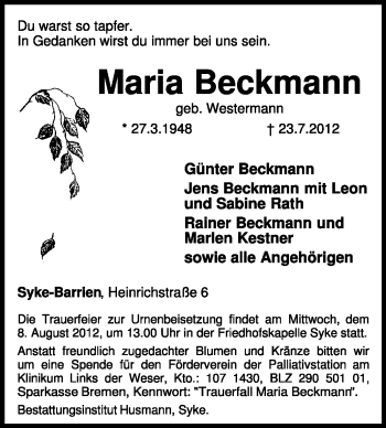 Traueranzeige von Maria Beckmann von KREISZEITUNG SYKE