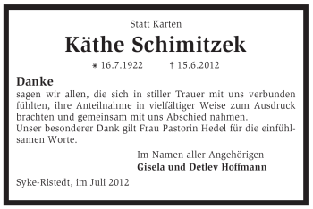 Traueranzeige von Käthe Schimitzek von KREISZEITUNG SYKE