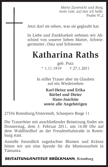 Traueranzeige von Katharina Raths von KREISZEITUNG SYKE