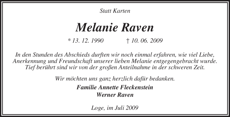  Traueranzeige für Melanie Raven vom 18.07.2009 aus KREISZEITUNG SYKE