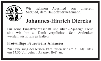 Traueranzeige von Johannes-Hinrich Diercks von KREISZEITUNG SYKE