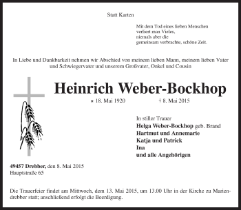 Traueranzeige von Heinrich Weber-Bockhop von KRZ