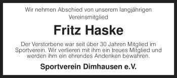 Traueranzeige von Fritz Haske von KREISZEITUNG SYKE