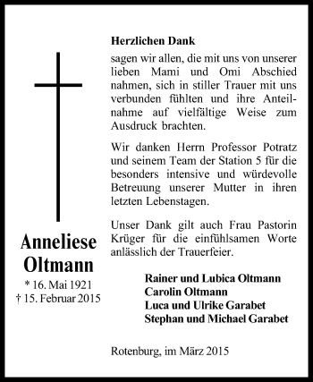 Traueranzeige von Anneliese Oltmann von KRZ