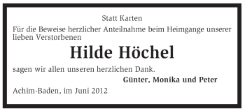Traueranzeige von Hilde Höchel von KREISZEITUNG SYKE