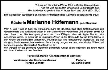 Traueranzeige von Marianne Höfemann von KREISZEITUNG SYKE