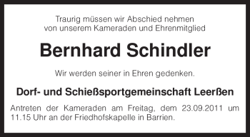 Traueranzeige von Bernhard Schindler von KREISZEITUNG SYKE