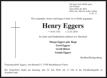 Traueranzeige von Henry Eggers von KREISZEITUNG SYKE