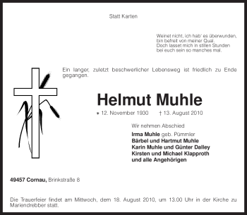 Traueranzeige von Helmut Muhle von KREISZEITUNG SYKE