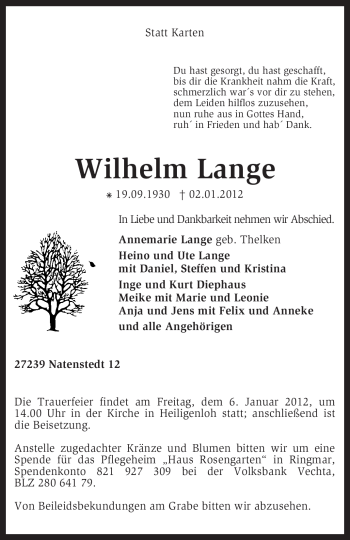 Traueranzeige von Wilhelm Lange von KREISZEITUNG SYKE