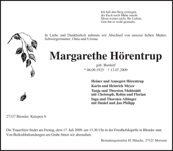 Traueranzeige von Margarethe Hörentrup von KREISZEITUNG SYKE