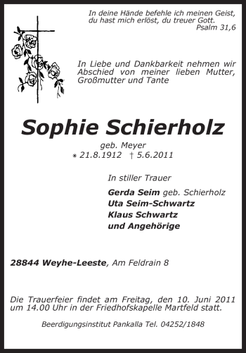 Traueranzeige von Sophie Schierholz von KREISZEITUNG SYKE