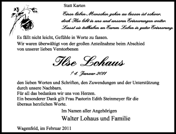 Traueranzeige von Ilse Lohaus von KREISZEITUNG SYKE