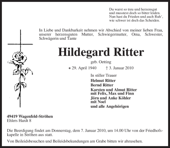 Traueranzeige von Hildegard Ritter von KREISZEITUNG SYKE