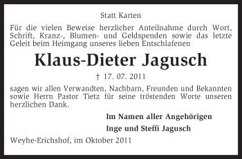 Traueranzeige von Klaus-Dieter Jagusch von KREISZEITUNG SYKE