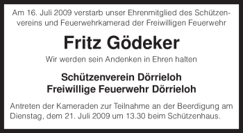 Traueranzeige von Fritz Gödeker von KREISZEITUNG SYKE