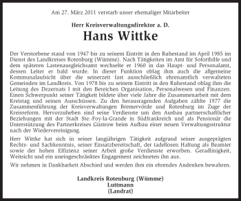 Traueranzeige von Hans Wittke von KREISZEITUNG SYKE