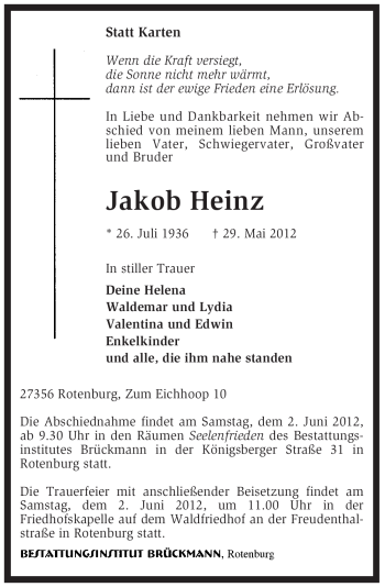 Traueranzeige von Jakob Heinz von KREISZEITUNG SYKE