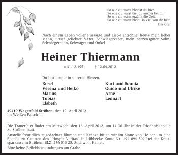 Traueranzeige von Heiner Thiermann von KREISZEITUNG SYKE