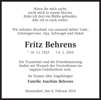 Traueranzeige von Fritz Behrens von KREISZEITUNG SYKE