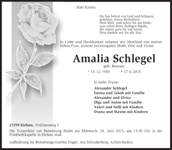 Traueranzeige von Amalia Schlegel von KRZ