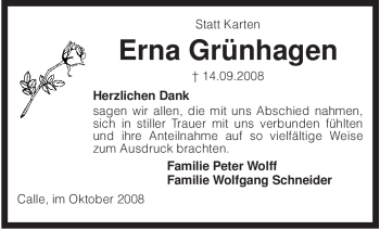 Traueranzeige von Erna Grünhagen von KREISZEITUNG SYKE